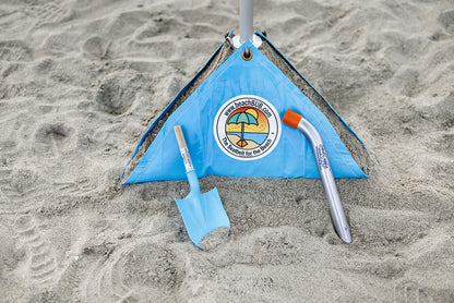 beach umbrella base with sand shovel and sand gopher