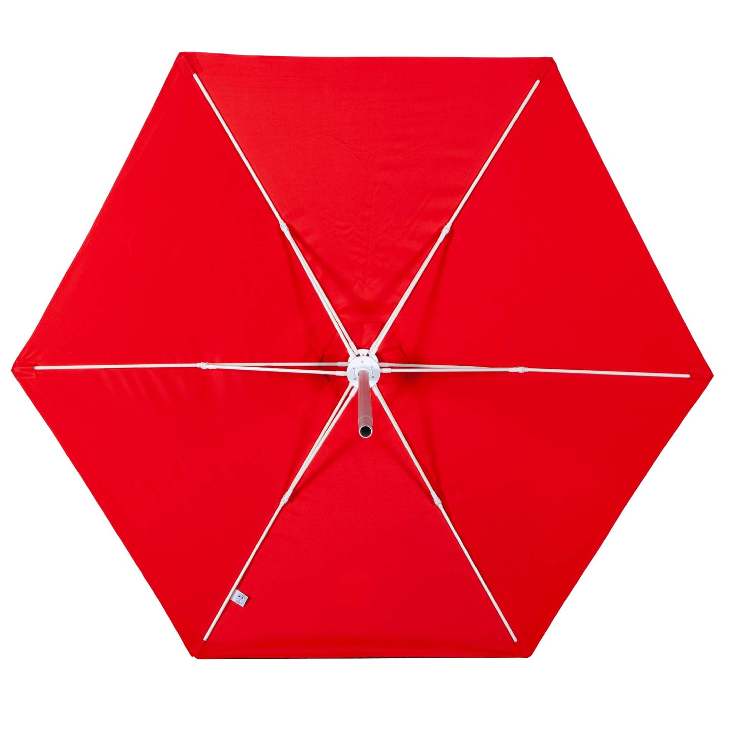 bottom of beach umbrella with red canopy