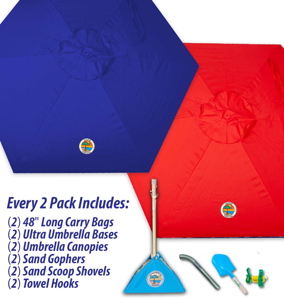 red and blue beach umbrella combo pack