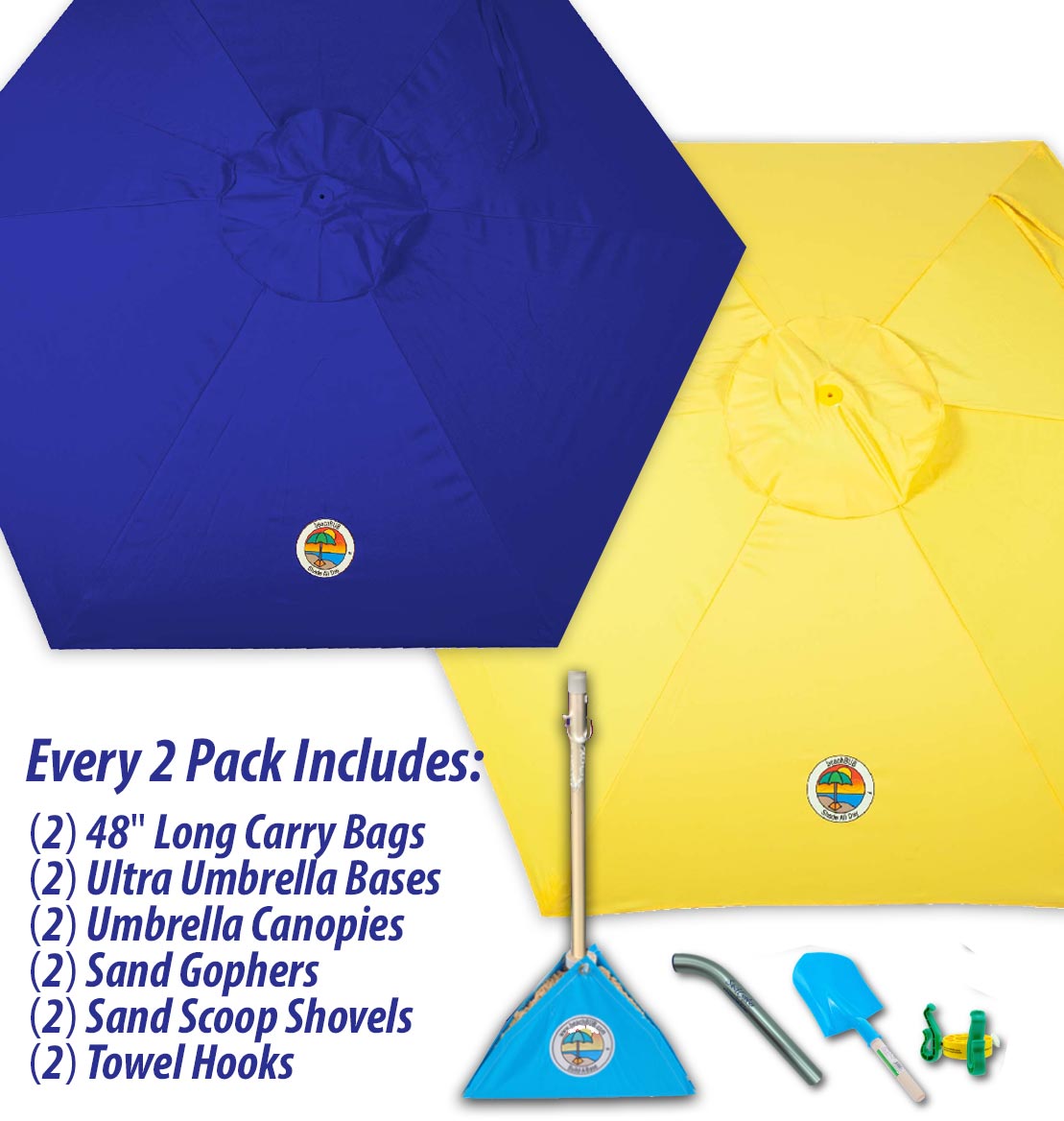 blue and yellow beach umbrella combo pack