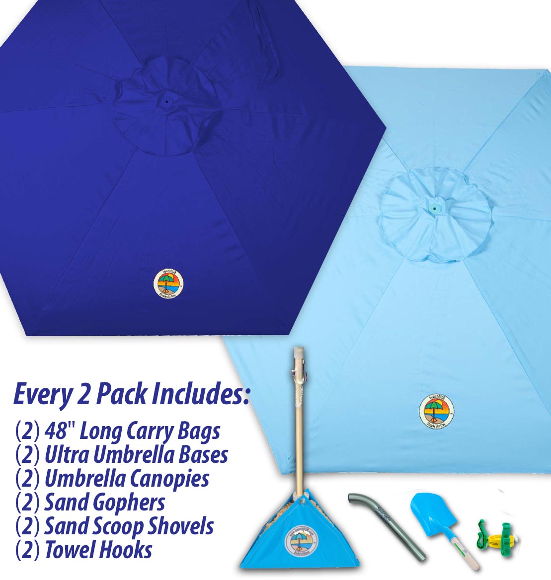 light and dark blue beach umbrella combo pack