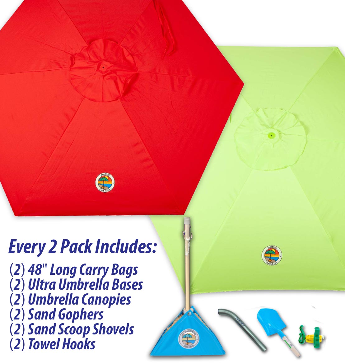 red and light blue beach umbrella combo pack