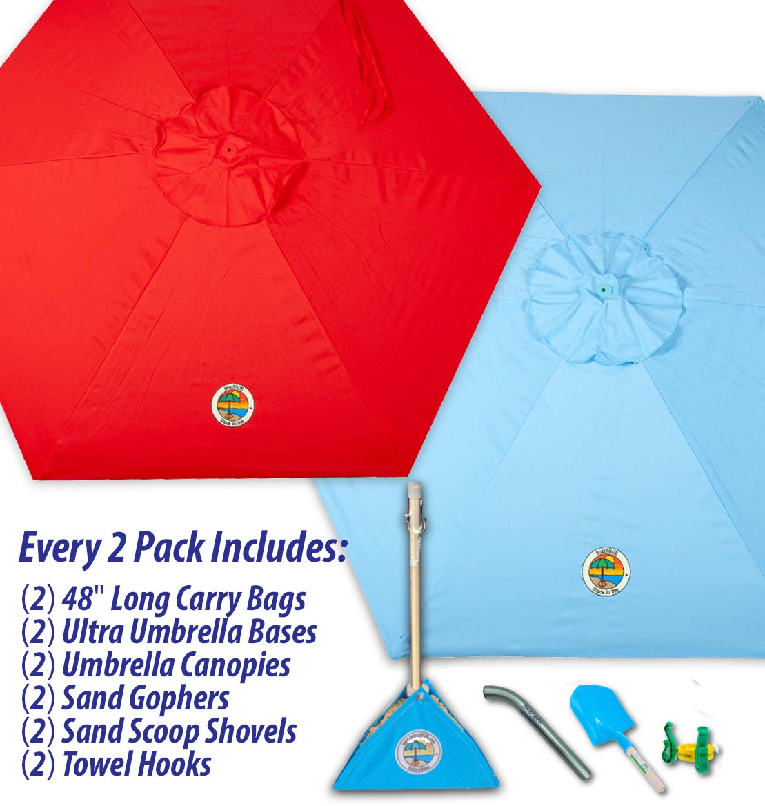 red and light blue beach umbrella combo pack