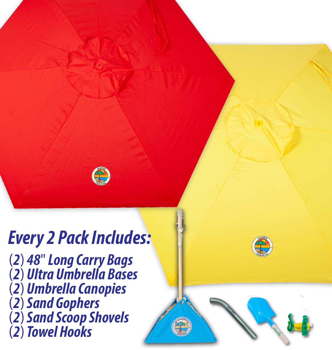 red and yellow beach umbrella combo pack