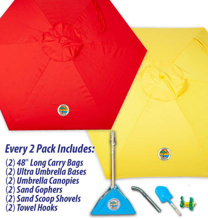 red and yellow beach umbrella combo pack