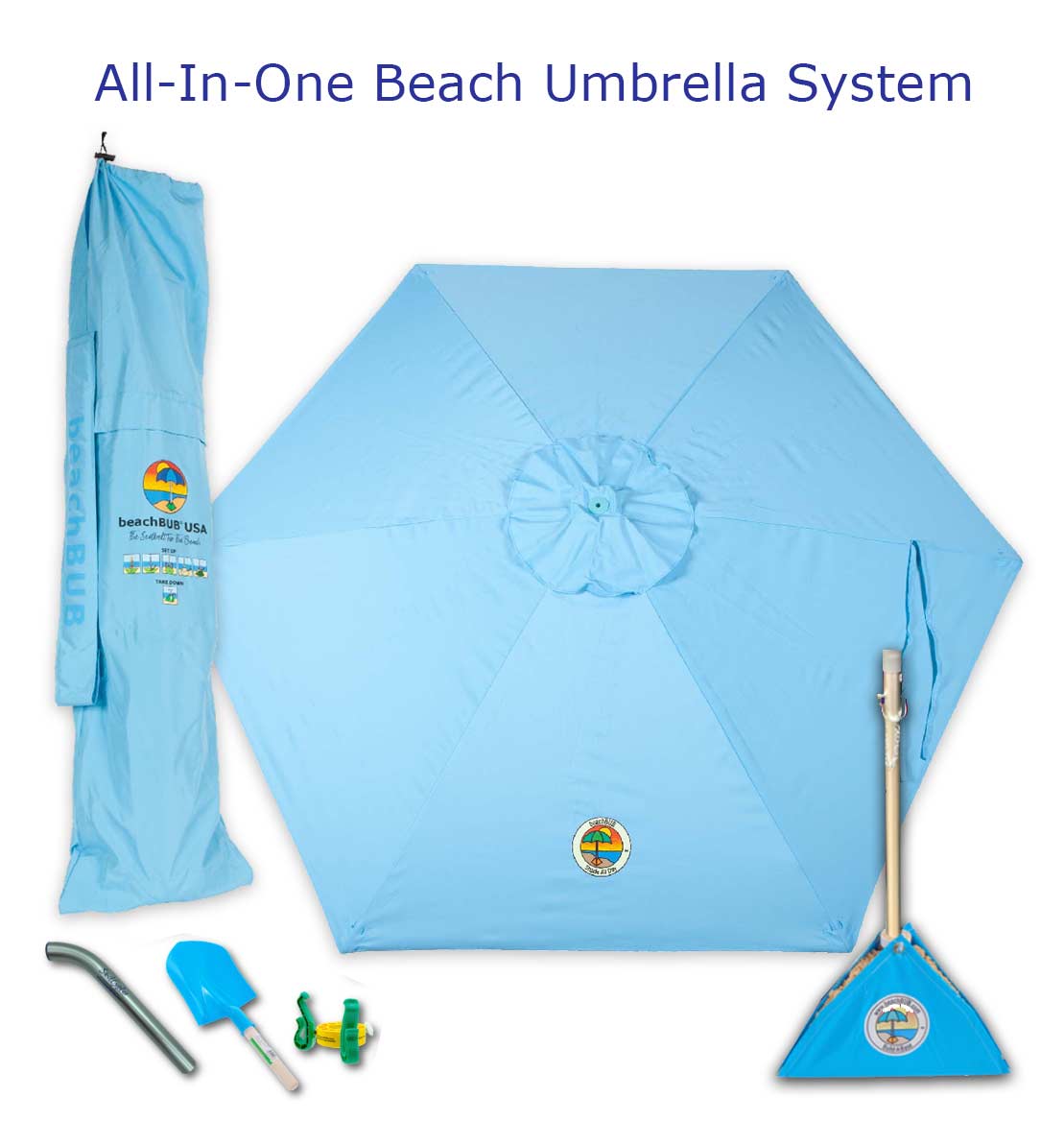 all in one wind resistant beach umbrella with light blue canopy