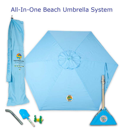 all in one wind resistant beach umbrella with light blue canopy