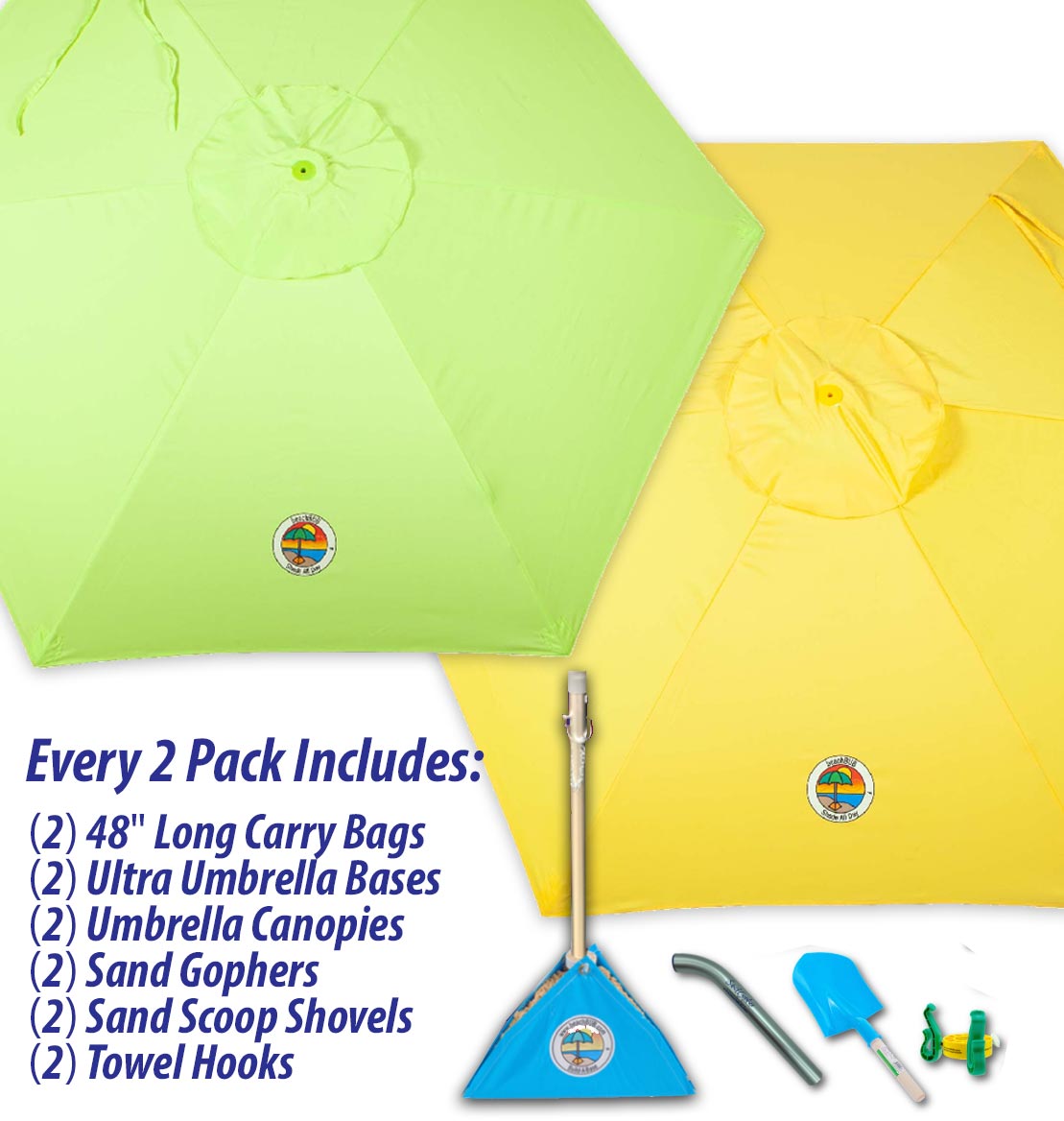 green and yellow beach umbrella combo pack