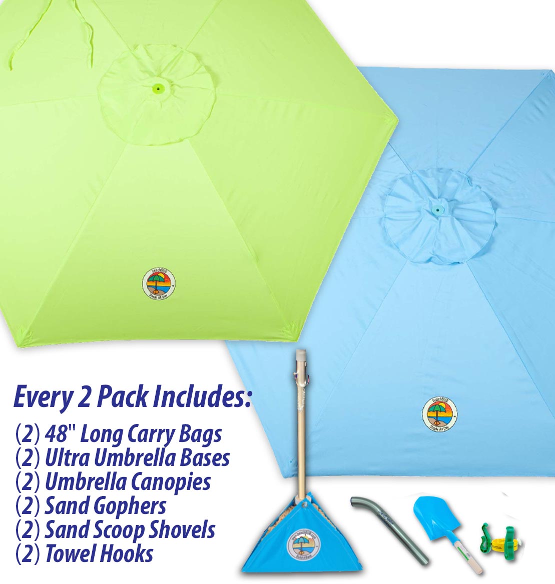 green and blue beach umbrella combo pack