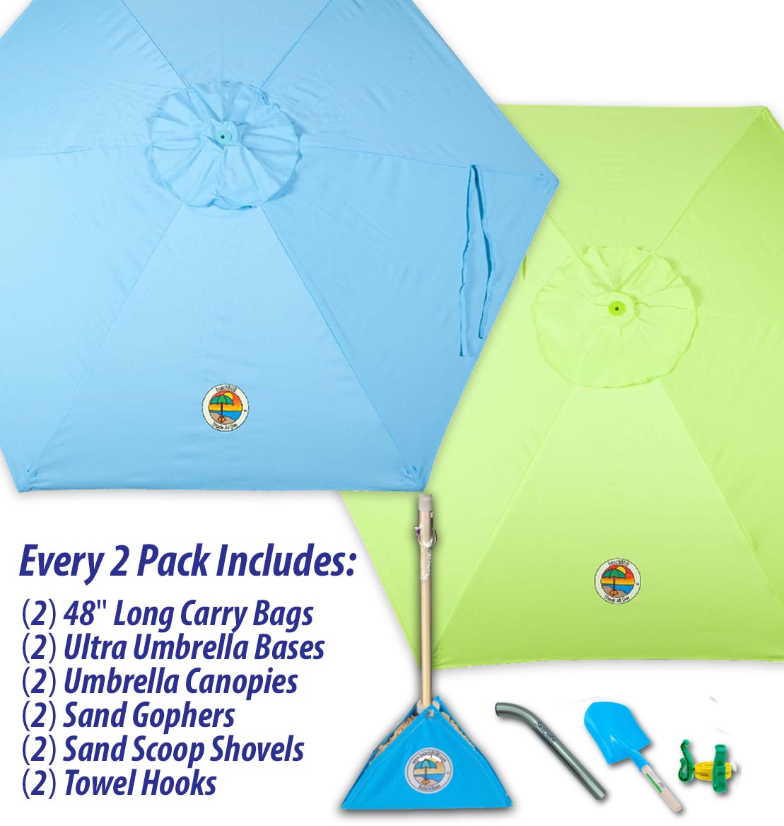 light blue and green beach umbrella combo pack