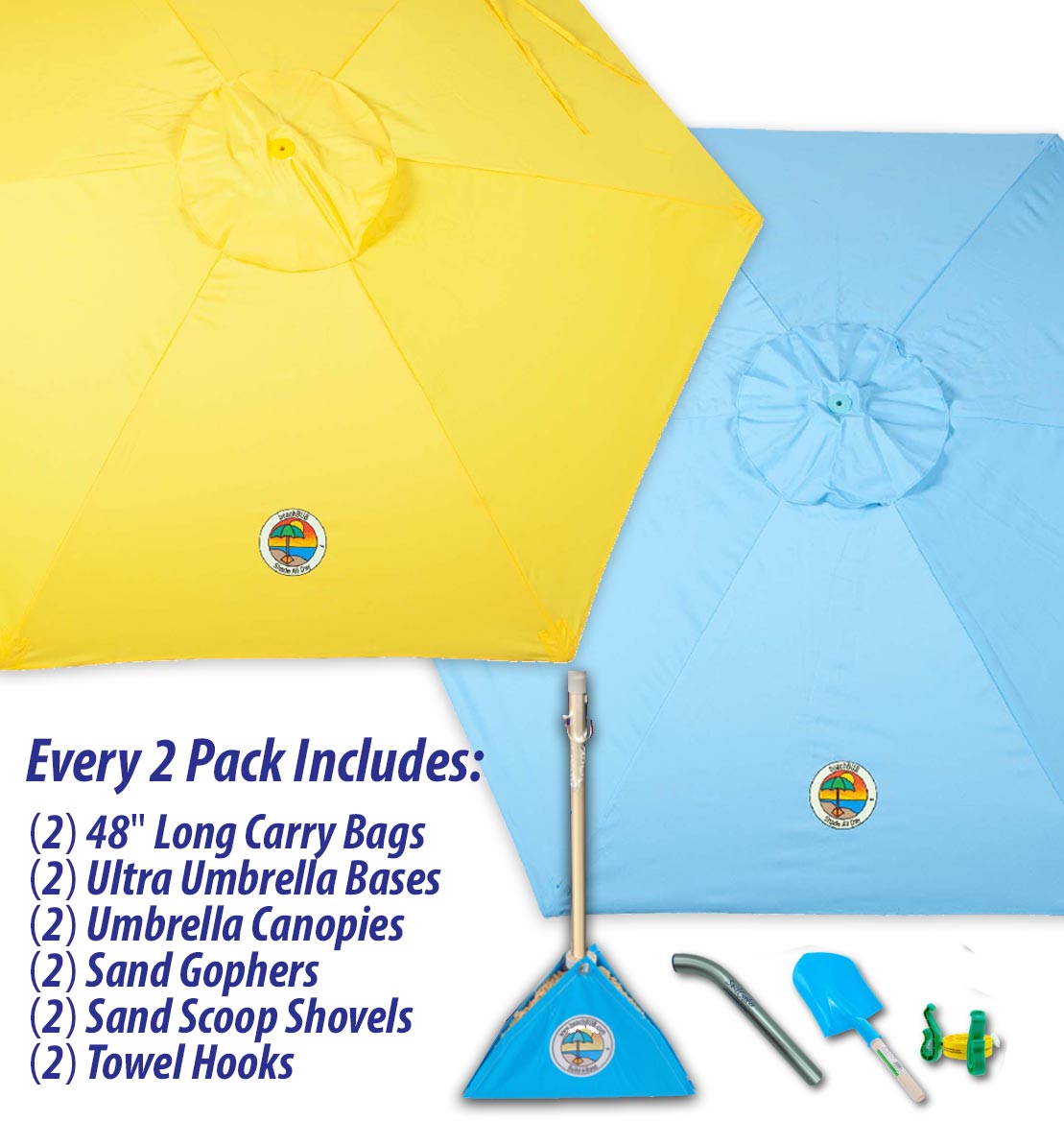 yellow and light blue beach umbrella combo pack